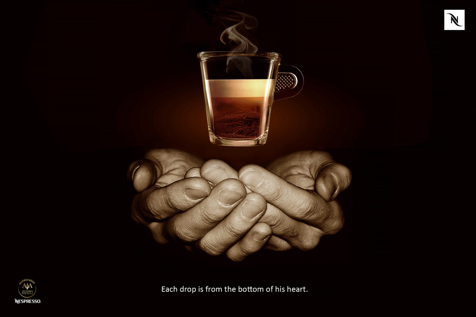 Nespresso AAA print advertisement — a farmer's hands offering a cup of coffee